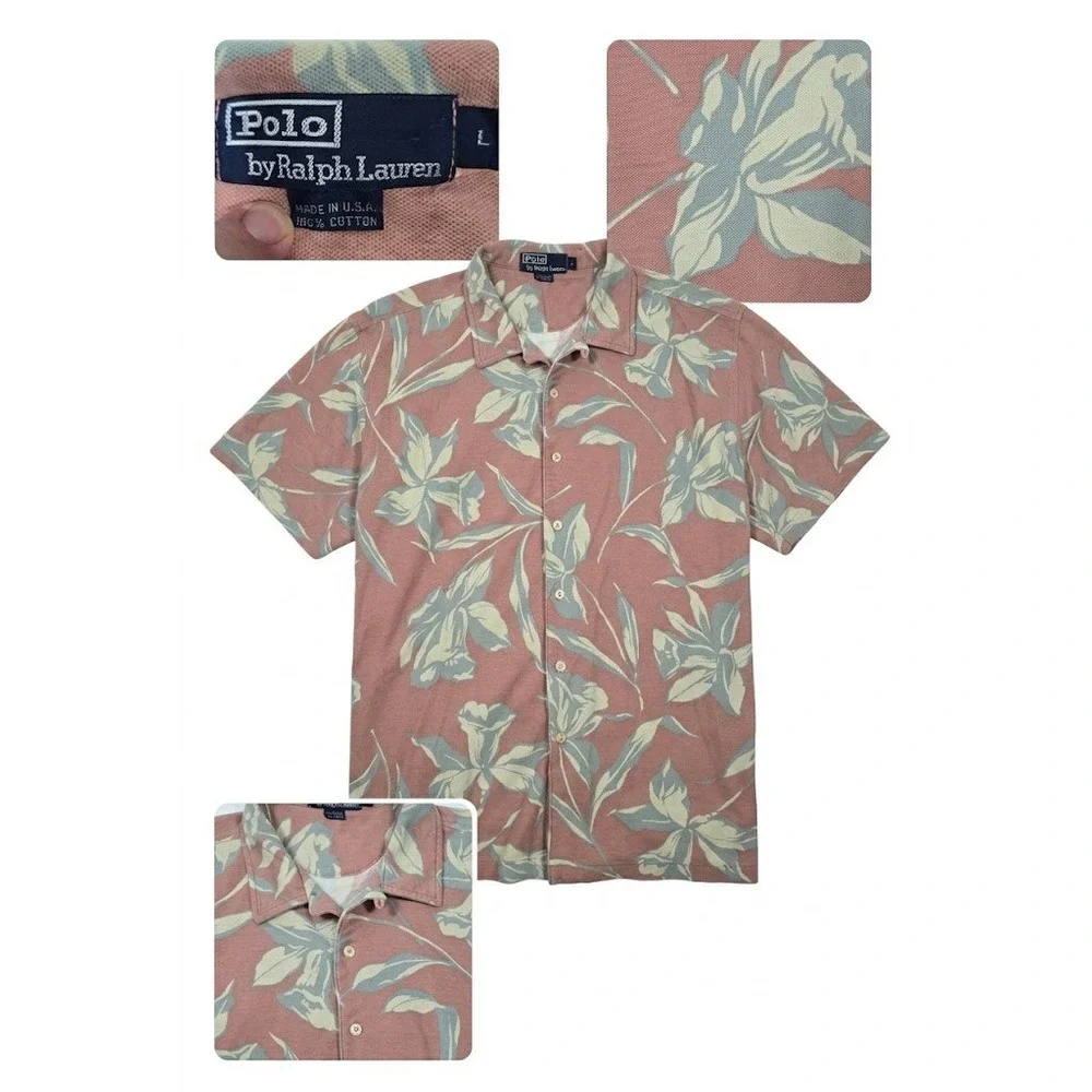 Vintage Polo Ralph Lauren Mens L Hawaiian Shirt USA Made Pink Floral Camp 90s